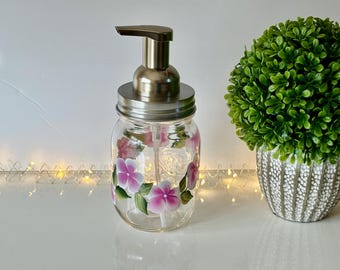 Painted foaming liquid soap dispenser,  one pink floral mason jar, foaming liquid dish soap dispenser, painted pink flower kitchen decor mom
