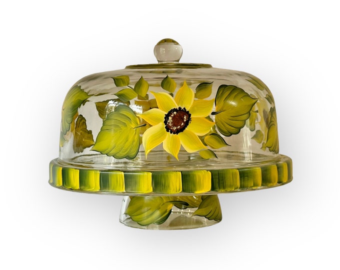 Hand Painted Glass Cake Dome Set Pink Flowers, Wedding Cake Stand With