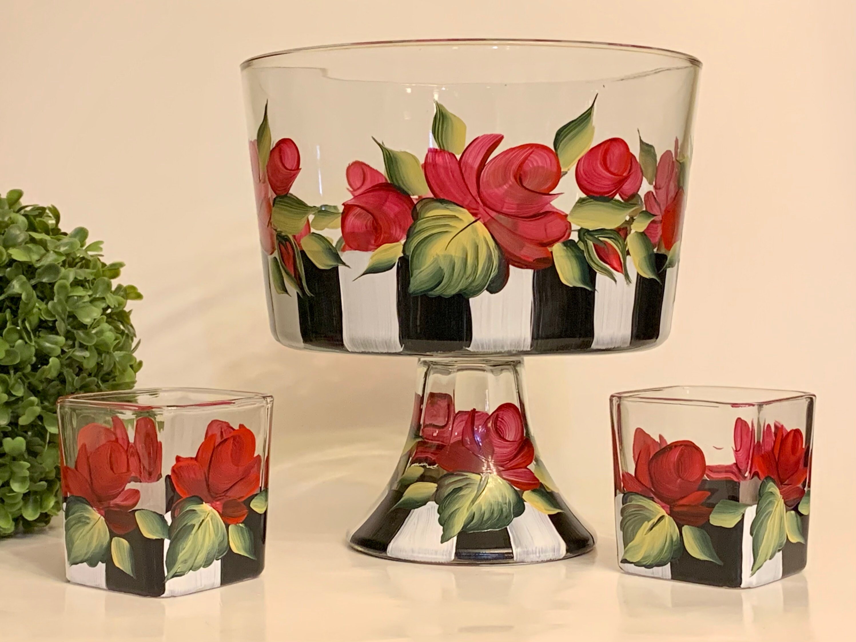 Painted Glass Trifle Bowl Black White Stripes Painted Red Roses Punch Bowl Fruit Bowl Salad Bowl Anniversary Gift Etsy Canada