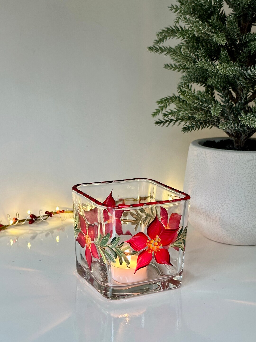 Poinsettia Candle Holder Hand Painted Winter Glass Dish Cute Etsy