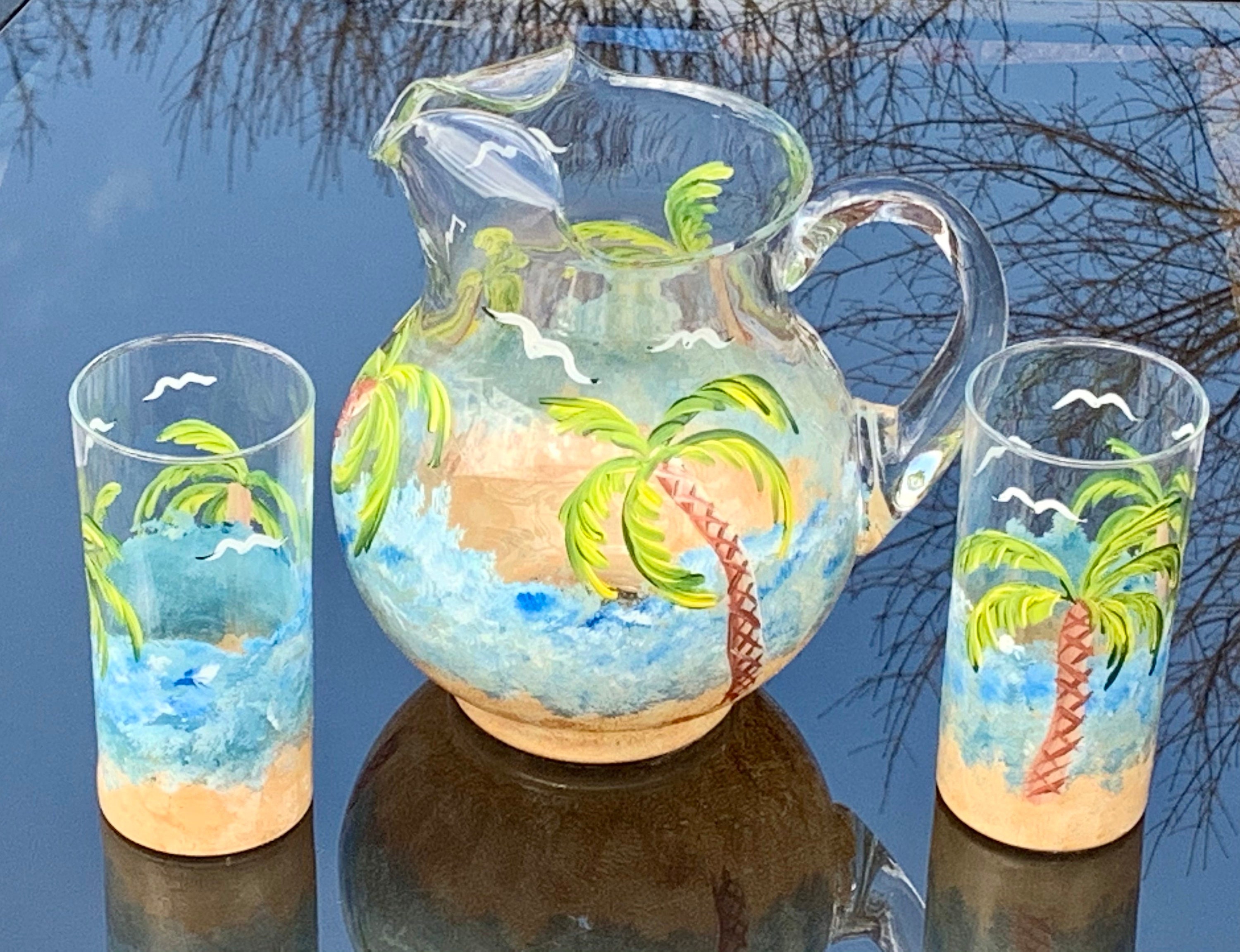 Glass Studio Hand - Natureシリーズショート Hand Painted Glass Pitcher Set, Ocean Scene, Tropical Pitcher Set