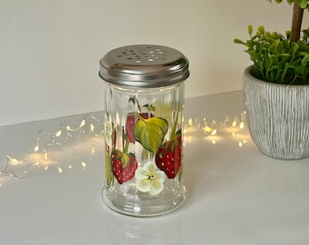 Painted strawberry cheese shaker or sugar pourer, strawberry kitchen decor,  fruit birthday mom nana gift, tiered tray strawberry decor