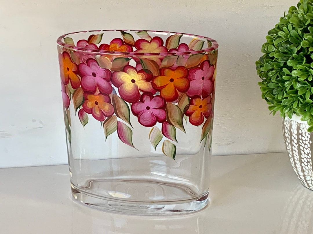 Painted Glass Candle Holder, 21st Birthday, Colorful Fall Flowers Glass