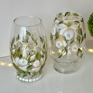 Painted vase white gold rose, wedding rose vase centerpiece, flower vase Mother’s Day gift, hand painted glass vase white roses wedding gift