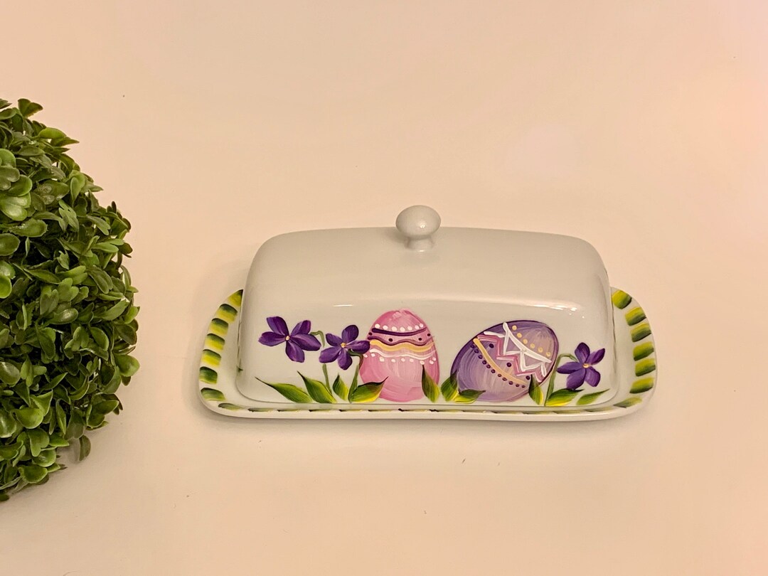 Butter Dish, Hand Painted Violets Ceramic Butter Dish, Covered Butter