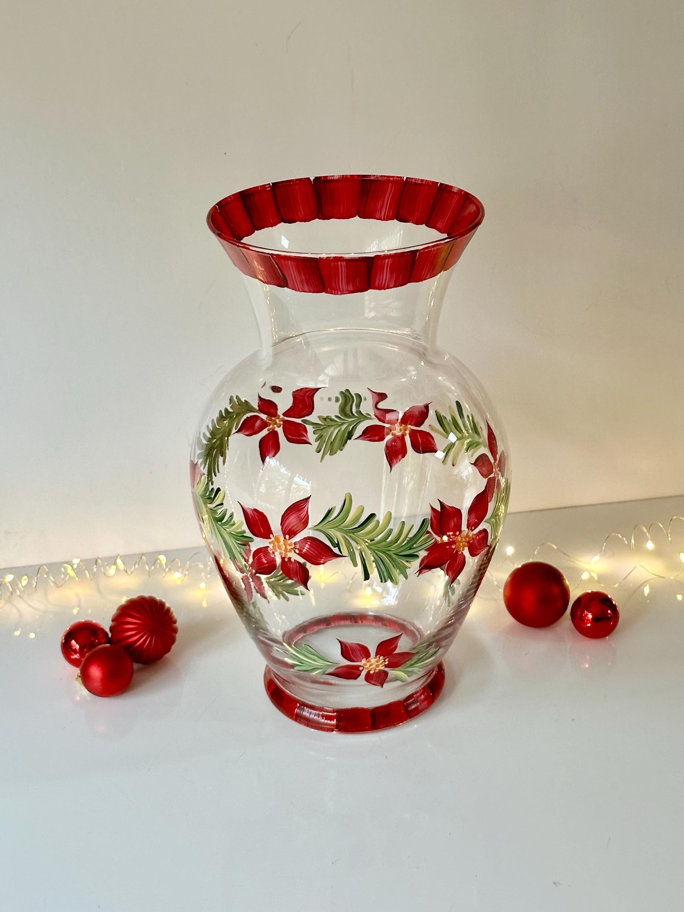Painted Poinsettia Winter Vase Whimsical Christmas, Holiday Table Decor, 30Th Birthday Gift For Women, Coworker