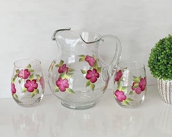 Hand painted glass pitcher set, sangria lemonade pitcher, wedding gift for her, Mother’s Day gift, housewarming gift, pitcher wine glasses
