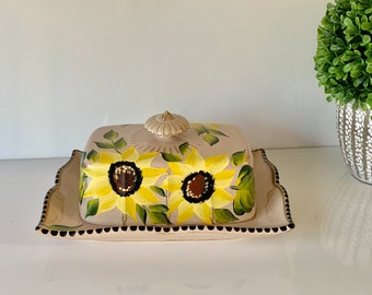 Butter dish, painted sunflowers butter keeper, ceramic covered butter dish, butter dish with lid, cute wedding gift, fall table decor gift