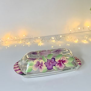 Butter dish painted colorful flowers, covered butter dish, butter dish with lid, housewarming gift, mothers day gift, glass butter dish.