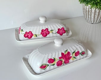 Painted magenta floral ceramic butter dish, covered butter dish, painted pink flowers butter dish with lid, bridal shower kitchen gift