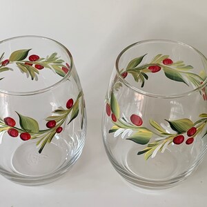 Stemless wine glass painted with holly berry. Listing is for two glasses. image 2