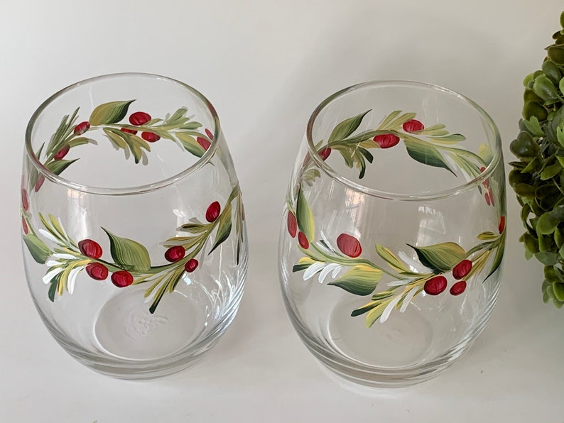 Stemless wine glass painted with holly berry. Listing is for two glasses. image 2