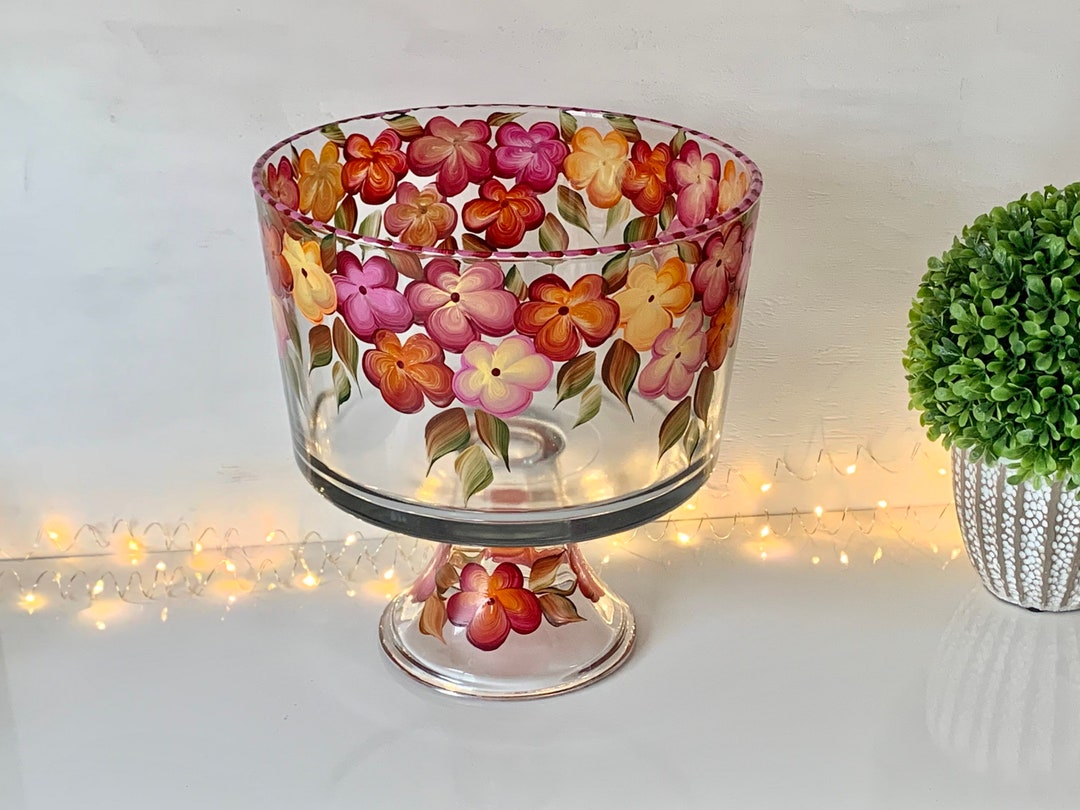 Painted Glass Trifle Bowl Fall Flowers Layered Cake Dish Etsy