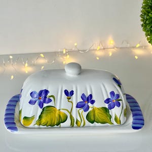 Butter dish, hand painted violets ceramic butter dish, covered butter dish, butter dish with lid, spring butter dish, Easter table decor