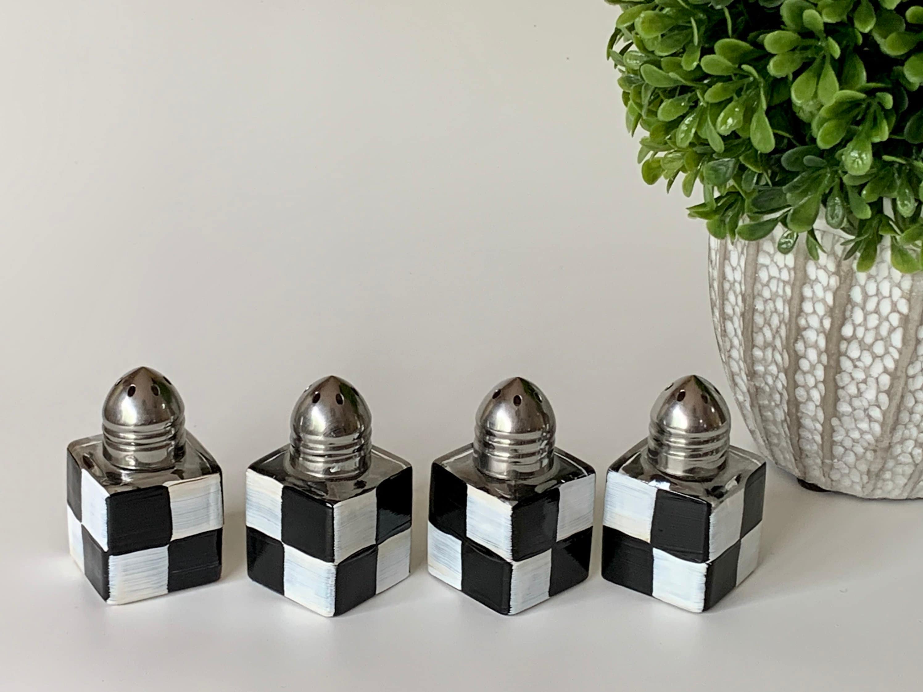 Painted mini salt and pepper shakers with black and white Etsy