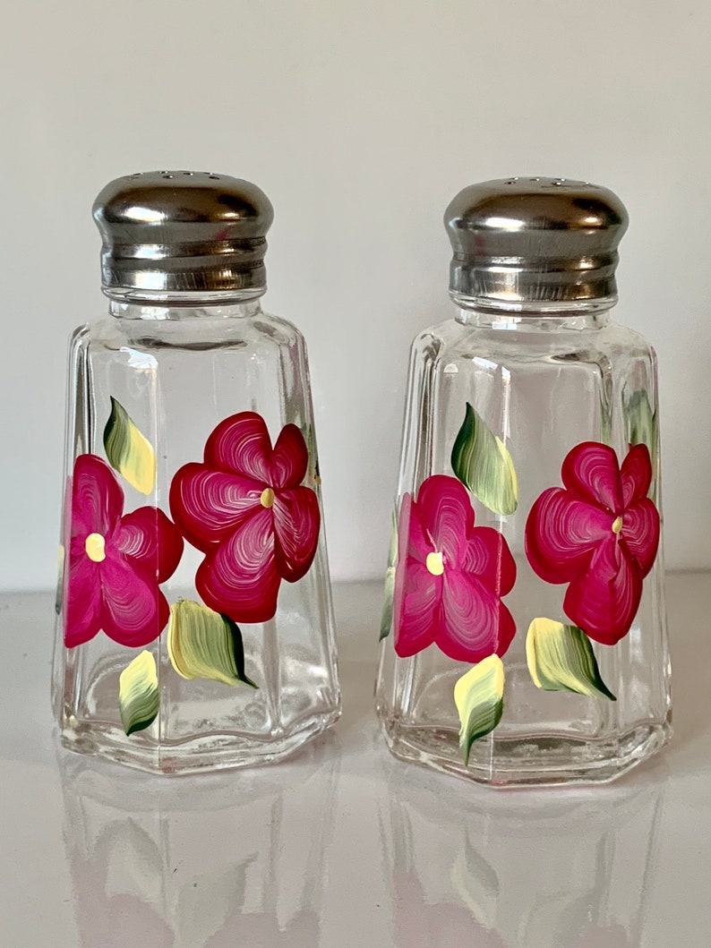 Hand painted salt and pepper shakers, magenta floral glass shaker set, painted shakers, handpainted glass table decor image 3