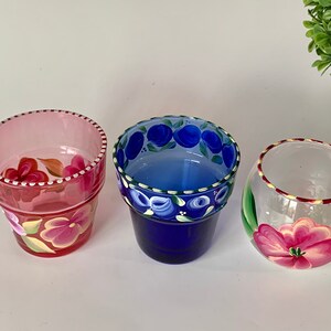 Painted glass candle holder, blue rose buds cobalt glass, pink flowers  painted pansy candle holder, birthday gift for her, godmother gift