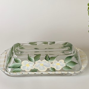 Butter dish, painted white flowers, covered butter dish, butter dish with lid, housewarming gift, mothers day gift, glass butter dish.