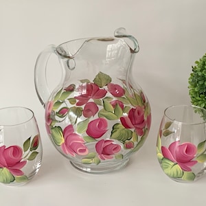 Painted pitcher set, large glass pitcher, sangria pitcher, lemonade pitcher, vase pitcher, stemless glasses, handpainted glass, ice tea set,