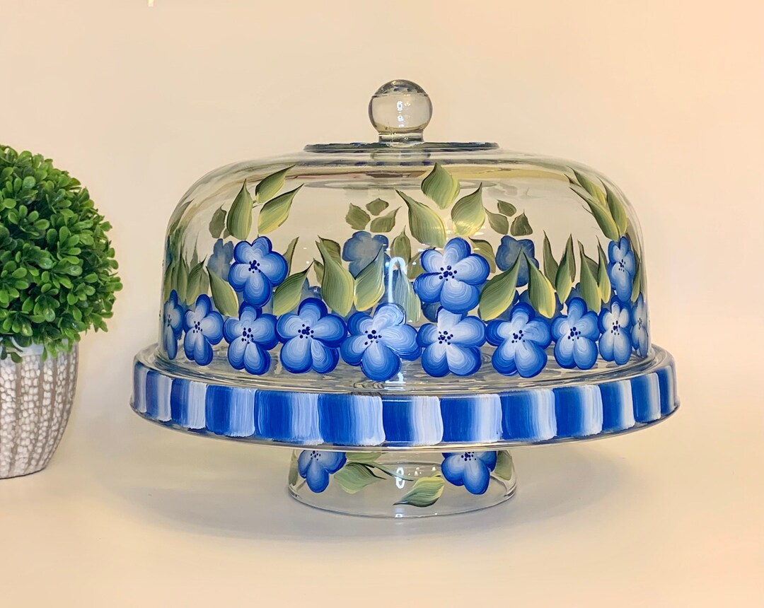 Handpainted Glass Cake Dome and Platter Set With Blue Flowers Etsy