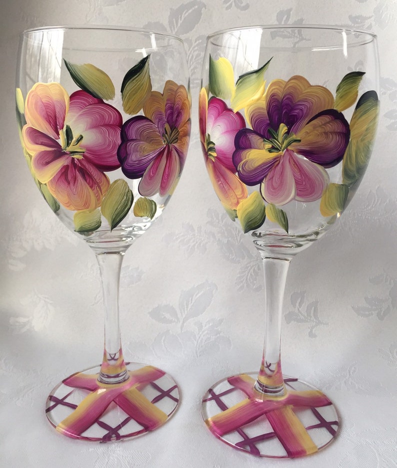 Pansies Wine Glasses Wine Goblet Painted Wine Glass Set Etsy