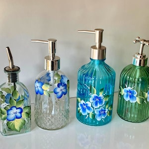 Painted soap dispenser, soap dish, hand soap dispenser, floral glass lotion dispenser for mom, blue flowers kitchen bathroom decor for her