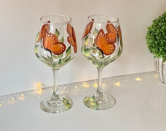 Painted stemmed wine glasses, monarch butterflies goblet, summer wine glass housewarming gift, 21st birthday gift for her, mom gift