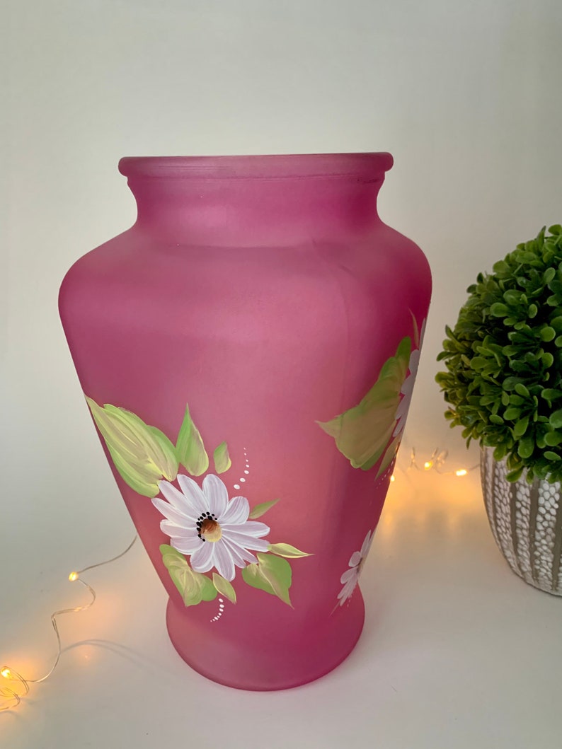Hand Painted Glass Vase Painted White Daisies Frosted Pink Etsy