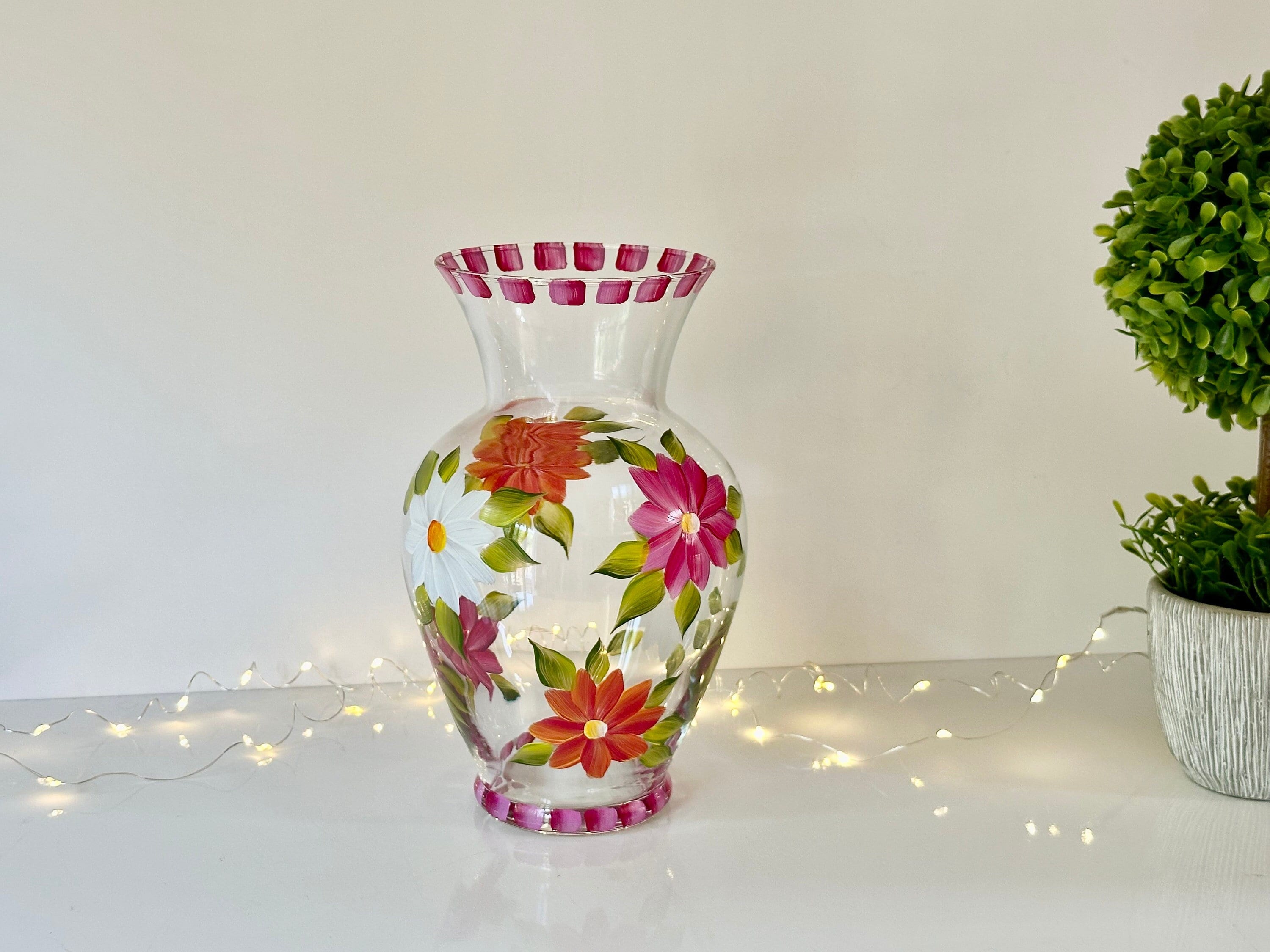 Painted Glass Vase Pink Daisies, 21st Birthday Gift for Her