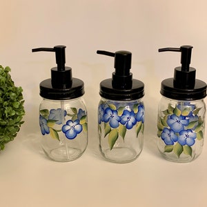 Soap dispenser, painted glass lotion dispenser, blue flowers gift, dish soap dispenser, ball mason jar, soap dish, godmother gift