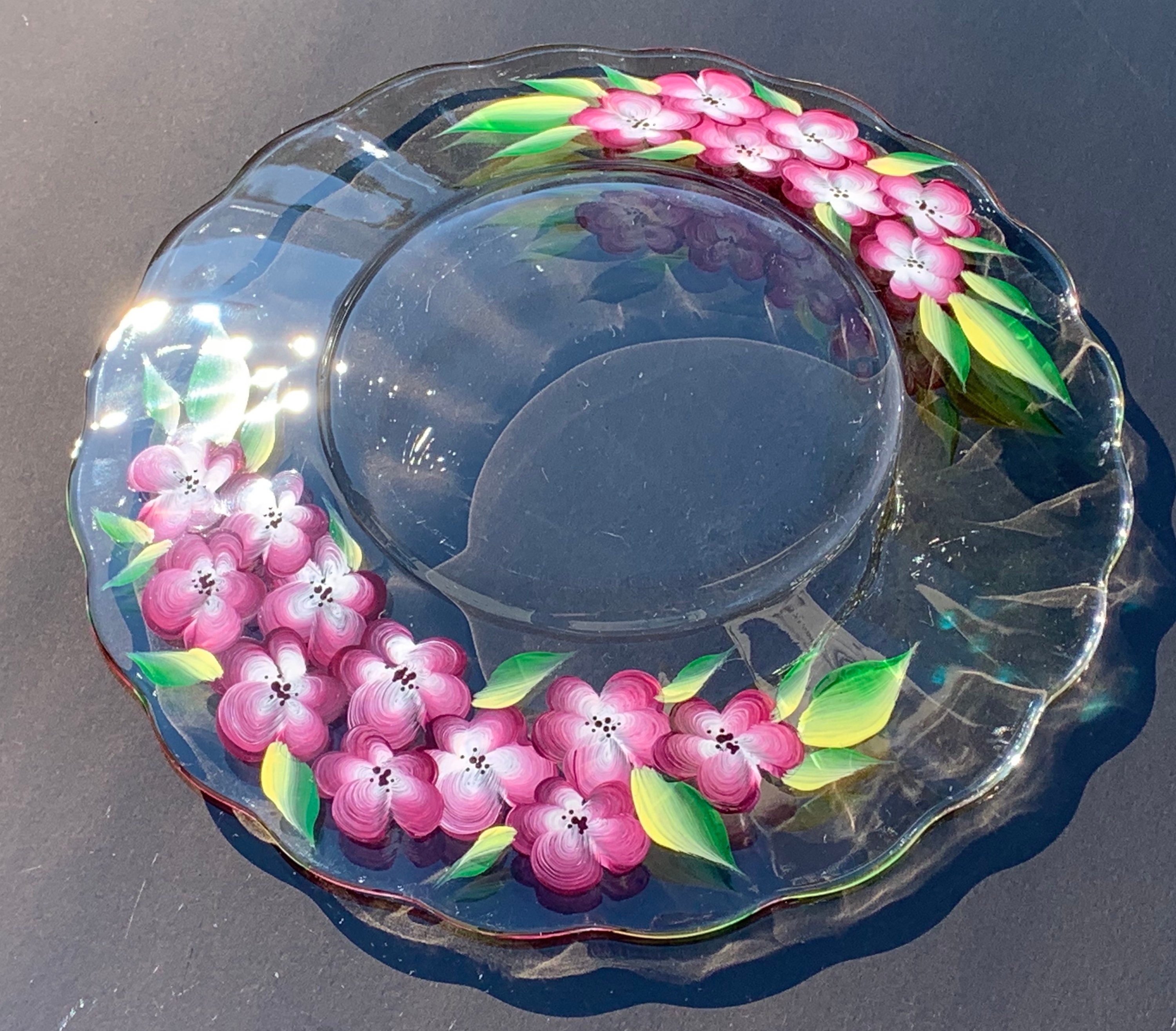 Hand painted glass plate with burgundy flowers. 9 diameter. Etsy