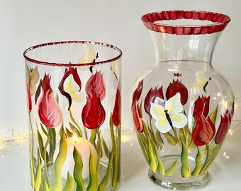 Painted glass vase tulips, spring vase table decor, one red tulips butterflies spring summer vase, flower vase mom sister aunt birthday gift