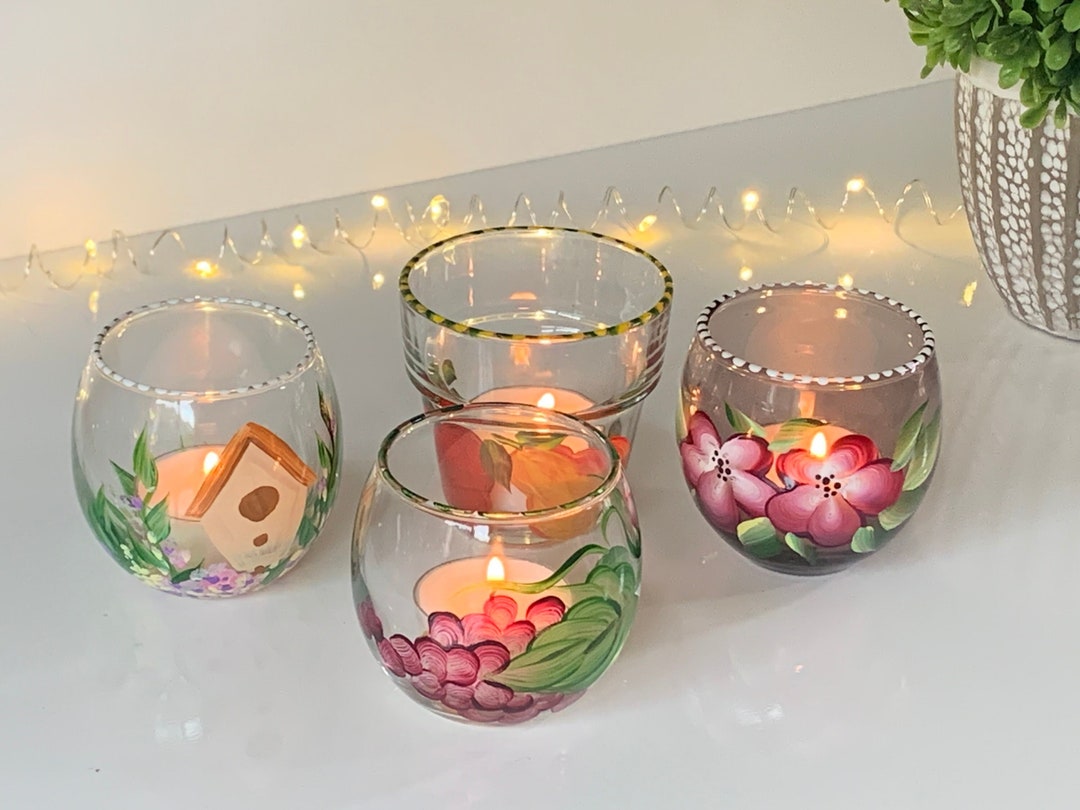 Painted Candle Holder Cranberry Flowers, Tea Light Potpourri