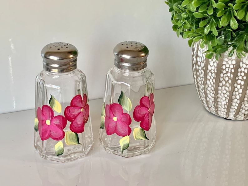 Hand painted salt and pepper shakers, magenta floral glass shaker set, painted shakers, handpainted glass table decor image 2