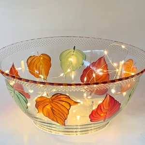 Painted decorative bowl, fruit bowl,  glass salad bowl, fall wedding decor, colorful fall leaves, fall candle holder, fall centerpiece