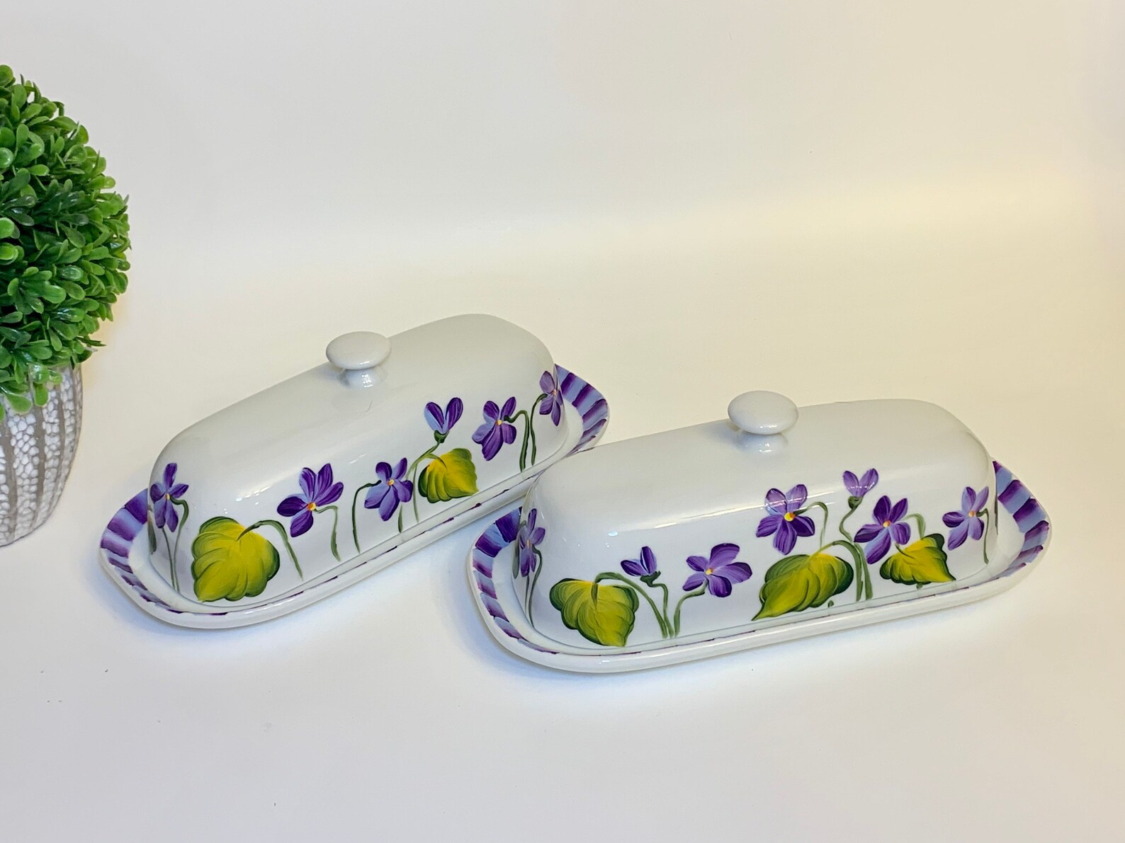 Butter Dish Hand Painted Violets Ceramic Butter Dish Covered Etsy