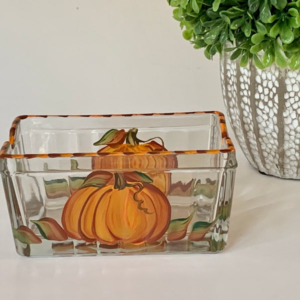 Painted pumpkin sugar packets container, tea bag holder, candle holder, pumpkin glass dish, sweet and low container, cute glass fall dish