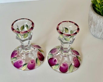Hand painted glass candle holders  magenta rose buds,  birthday gift for women, housewarming coworker coffee table decor, cute wedding gift