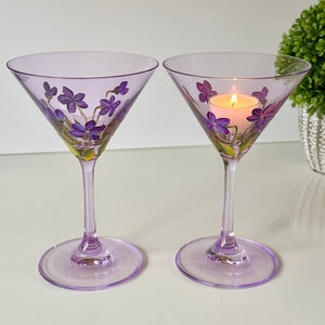 One painted martini glass, violets martini gift, vodka martini 21st birthday gift for her, martini lover gift, Easter spring cocktail glass