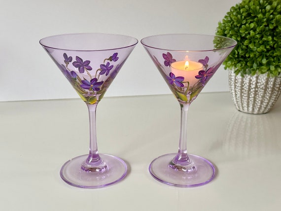 One painted martini glass, violets martini gift, vodka martini 21st birthday gift for her, martini lover gift, Easter spring cocktail glass