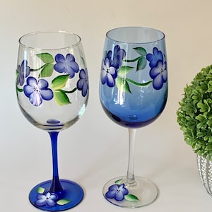 Painted wine glass, 21st birthday gift for her, mother of groom gift, blue floral wine goblet, painted white wine glass wine lover gift
