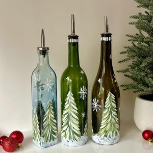 Winter soap dispenser, olive oil bottle winter trees, Christmas lighted bottle decor,  painted liquid soap dispenser, lighted bottle gift