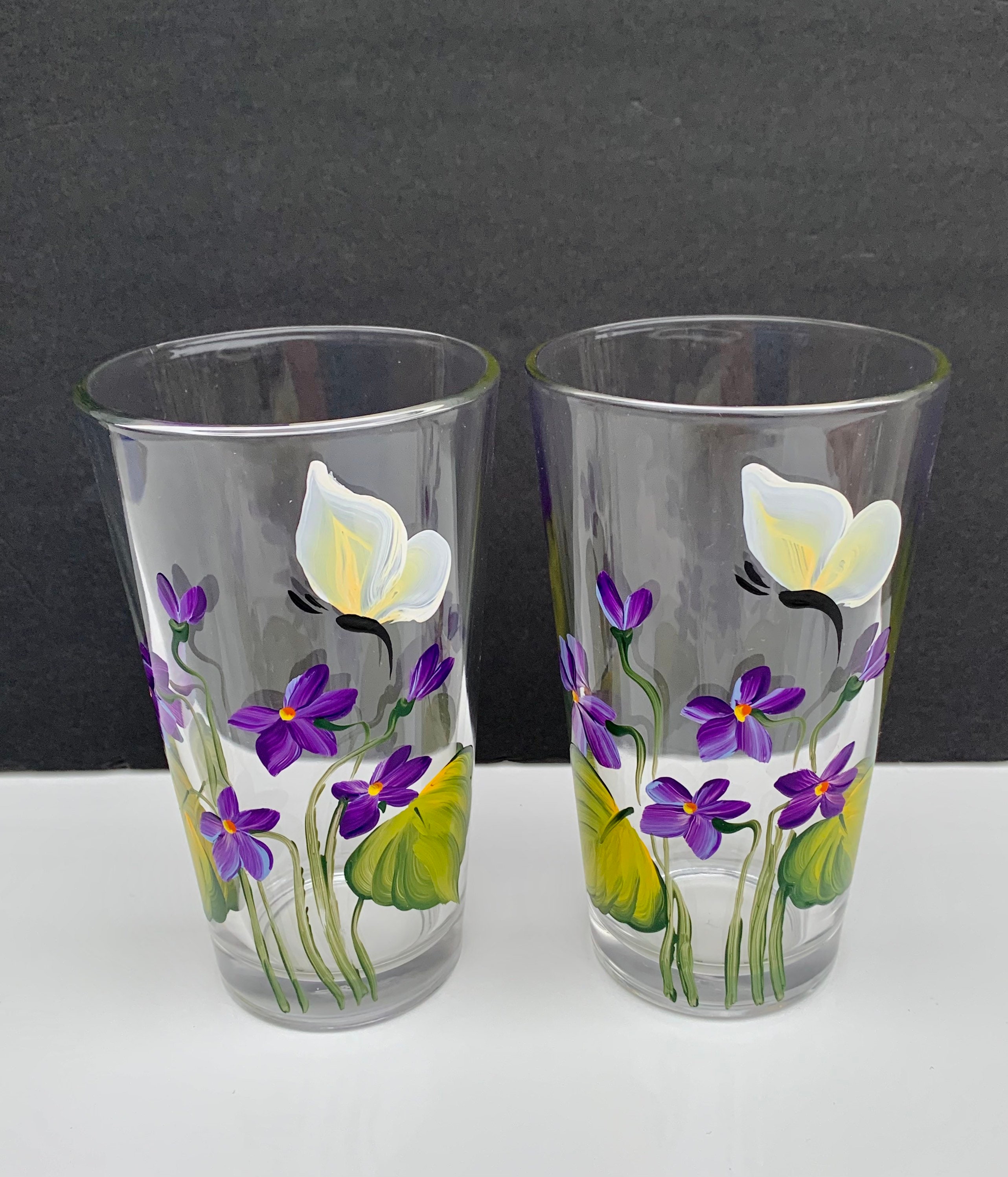 Hand Painted Violets Glass Pitcher Set Juice Glasses Easter 