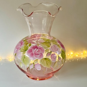 Painted vase pink roses wedding gift for her, Mother’s Day gift, unique pink mother of groom gift roses, large pink roses centerpiece