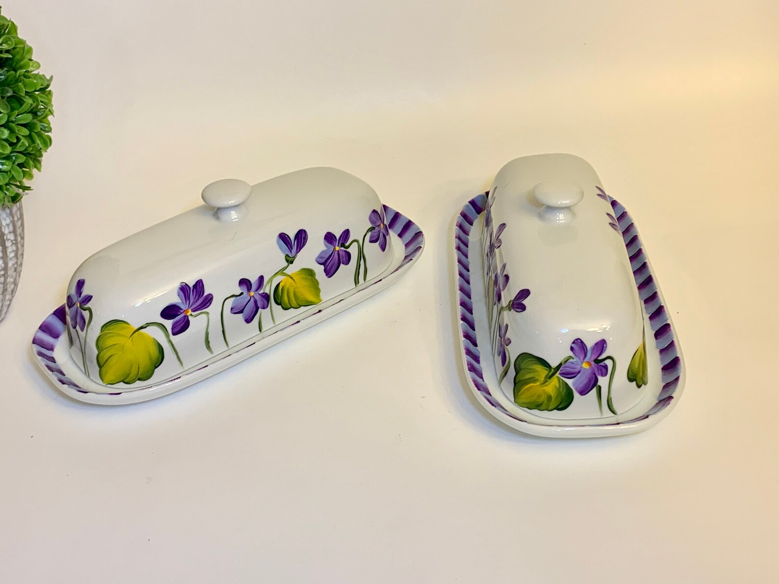 Butter Dish Hand Painted Violets Ceramic Butter Dish Covered Etsy