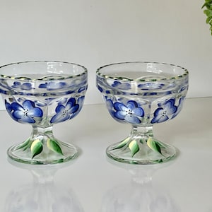 Painted glass candle holder, one painted dessert cup, cute grab bag gift votive candle holder, painted blue flowers potpourri dish mom gift