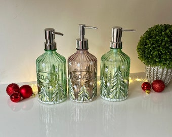 Painted soap dispenser winter trees snowflakes snow, hand lotion bottle, Christmas glass soap dish for kitchen bathroom decor, grab bag gift