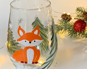 21st birthday gift for her, cute fox painted stemless wine glass, grab bag gift, mother of the groom gift, godmother gift, step mom gift