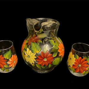 Glass pitcher, painted wine glasses, stemless wine glass, fall pitcher set, sangria pitcher, lemonade pitcher, water pitcher, fall wedding
