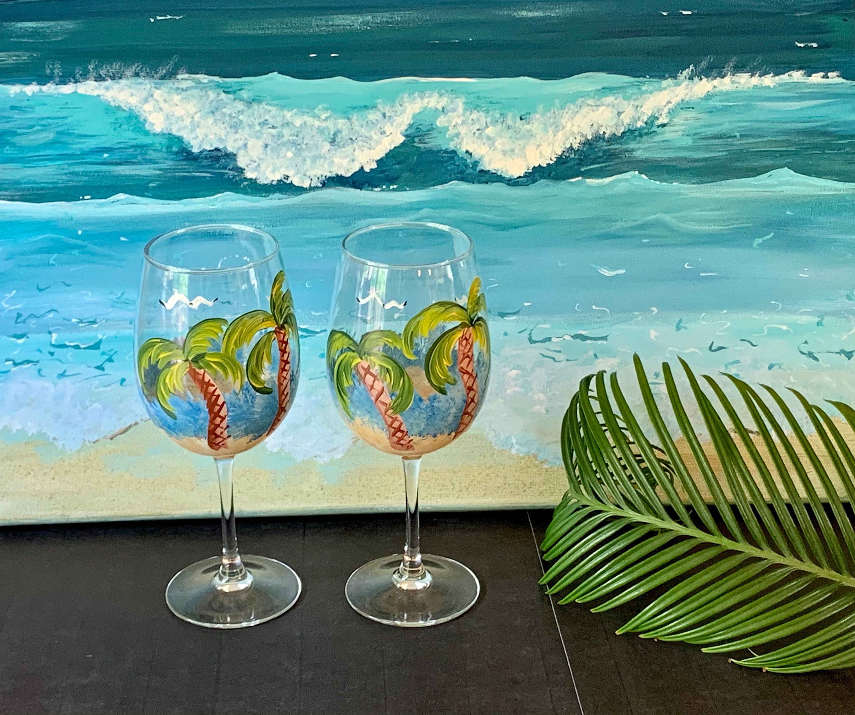 Hand Painted Glass Pitcher Set, Ocean Scene, Tropical Pitcher Set